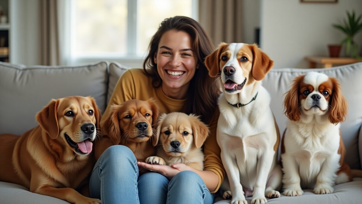 Happy woman sitting on a couch surrounded by five friendly dogs, showcasing popular dog breeds for first-time owners in a cozy home setting.