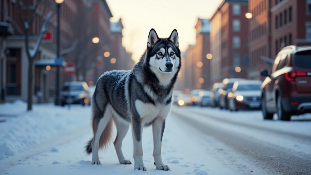 A thick-coated Alaskan Malamute standing confidently on a snow-covered city street during winter, with cars parked along the sides and warm lights glowing from surrounding buildings.