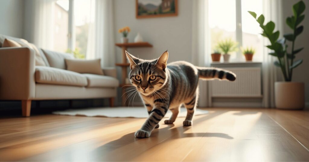 An active American Shorthair cat playing with a toy in a bright, well-kept apartment—an adaptable and playful cat breed for apartment living.