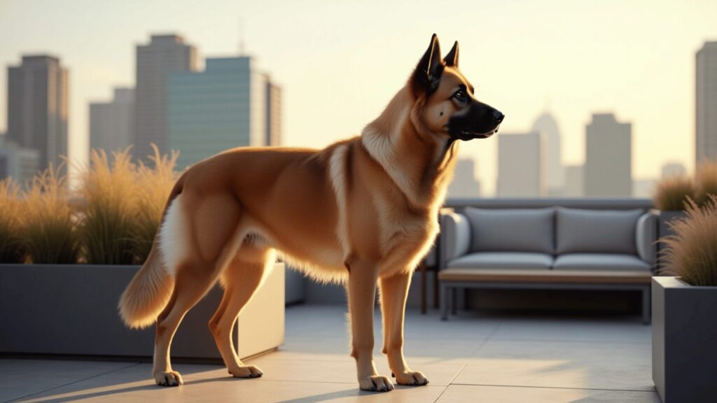 A strong and alert Anatolian Shepherd stands on a modern rooftop terrace with city skyscrapers in the background. The dog’s thick tan coat glows in the warm sunset light, and sleek patio furniture and tall ornamental grasses frame the urban setting