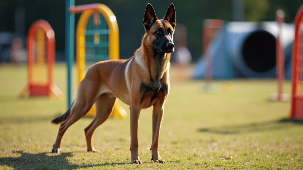 A focused Belgian Malinois standing alert on a grassy agility training field, surrounded by colorful obstacles including hoops and tunnels under bright daylight.