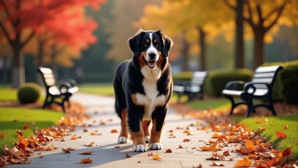 A Bernese Mountain Dog stands happily on a tree-lined park path scattered with autumn leaves. The dog’s thick black, white, and tan coat contrasts beautifully with the vibrant red and yellow foliage and the surrounding empty benches.