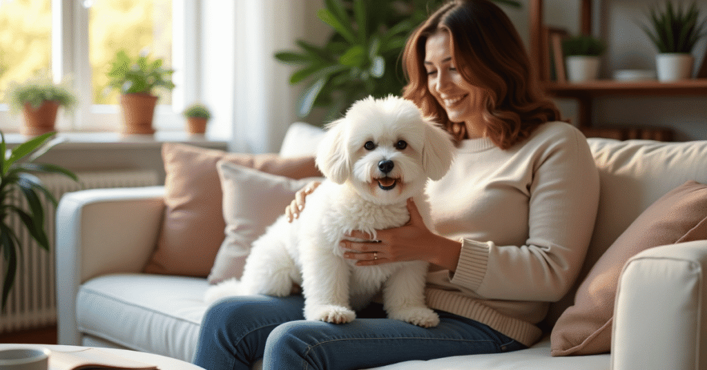 A fluffy white Bichon Frise sitting on its owner's lap in a cozy, sunlit living room.