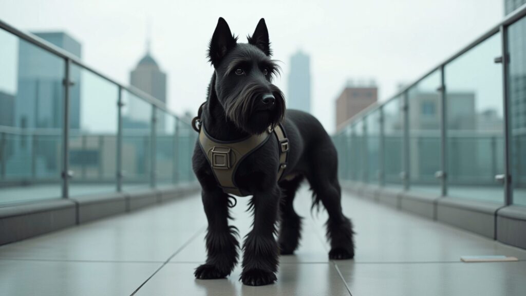 A sleek Black Russian Terrier wearing a harness, standing alert on a modern rooftop walkway with glass railings and a city skyline in the background on an overcast day.