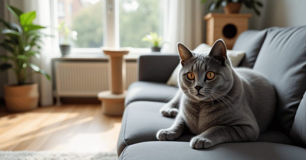 A calm British Shorthair cat with a plush gray coat lounging on a modern sofa in a sunlit apartment, surrounded by minimalist furniture and houseplants—an ideal cat breed for apartment living.