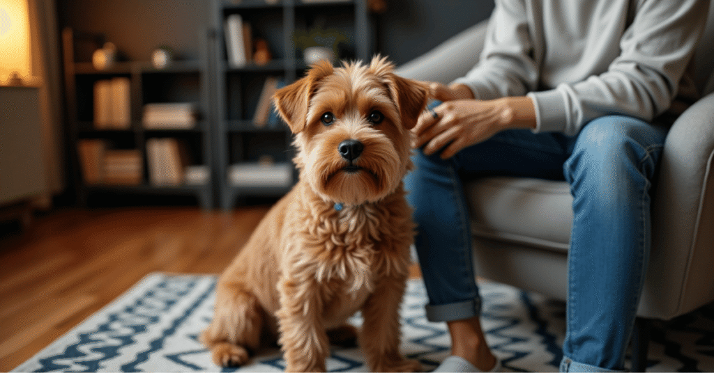 A reddish-brown Brussels Griffon sitting beside its casually dressed owner in a warm, cozy living room.