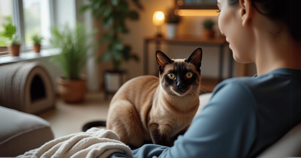A Burmese cat with a shiny brown coat sitting close to its owner on a sofa in a cozy apartment—an affectionate and social cat breed for apartment living.
