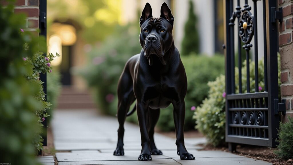 A powerful black Cane Corso stands alert on a stone pathway between manicured bushes, framed by an ornate black iron gate and brick columns. The dog's ears are cropped, and it has a muscular build with a focused expression, as soft sunlight filters through the trees in the background.