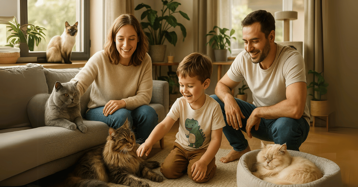 Happy family with a young child playing with multiple cat breeds for apartments, including a British Shorthair, Maine Coon, Siamese, and Ragdoll, in a cozy indoor living space ideal for apartment living.