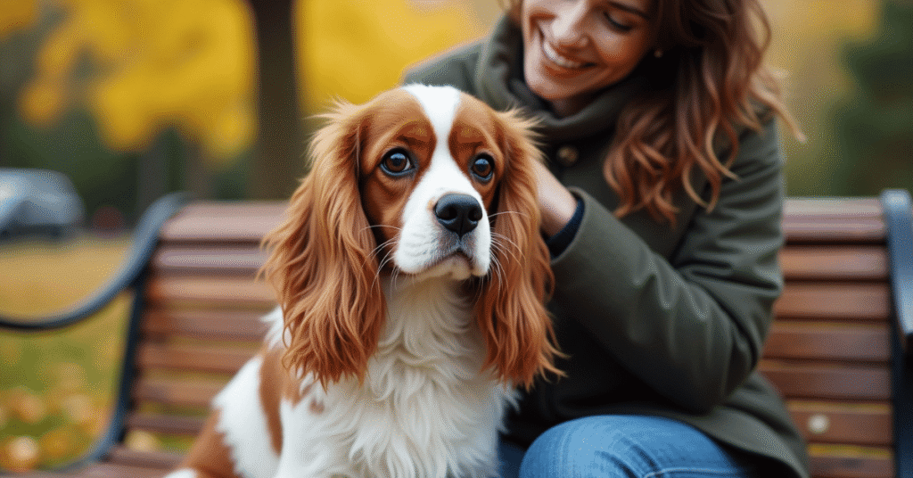 A Cavalier King Charles Spaniel sitting next to its smiling owner on a park bench in autumn.