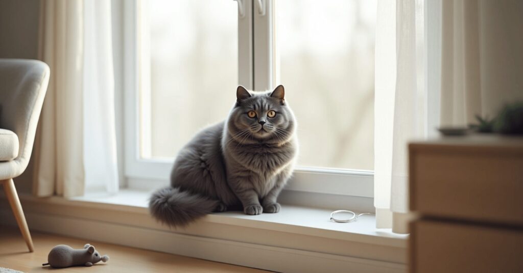 A blue-grey Chartreux cat with copper eyes sitting peacefully on a windowsill in a modern apartment—an affectionate and quiet cat breed for apartment living.