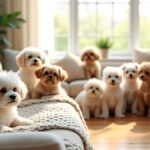 Ten cuddly small dog breeds, including a Bichon Frise, Cavalier King Charles Spaniel, Shih Tzu, Havanese, Pomeranian, Maltese, French Bulldog, Toy Poodle, Brussels Griffon, and Japanese Chin, relaxing together in a cozy living room. The dogs are sitting or lying on a plush sofa and polished hardwood floor, surrounded by warm natural light, soft blankets, and gentle home décor, creating a peaceful and affectionate atmosphere.