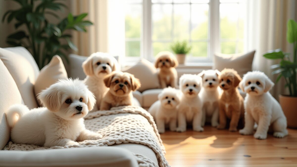 Ten cuddly small dog breeds, including a Bichon Frise, Cavalier King Charles Spaniel, Shih Tzu, Havanese, Pomeranian, Maltese, French Bulldog, Toy Poodle, Brussels Griffon, and Japanese Chin, relaxing together in a cozy living room. The dogs are sitting or lying on a plush sofa and polished hardwood floor, surrounded by warm natural light, soft blankets, and gentle home décor, creating a peaceful and affectionate atmosphere.