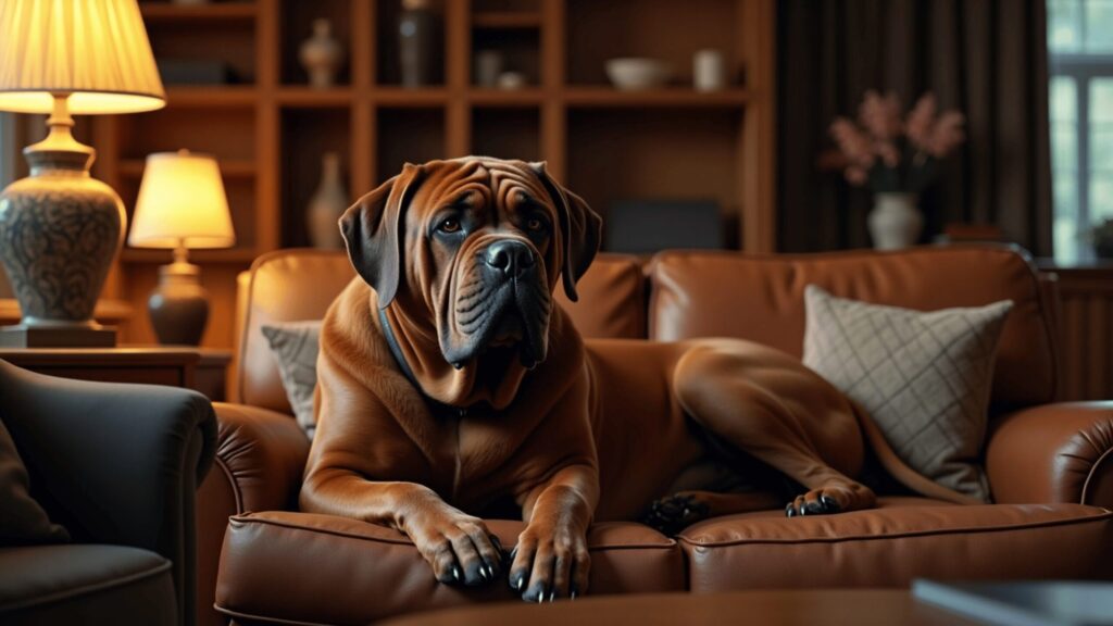 Dogue de Bordeaux resting on a dark leather couch in a warm, elegant living room. The large, muscular dog has a wrinkled face and relaxed expression, softly illuminated by ambient lamp lighting. The room features wooden furniture, plush cushions, and tasteful decor, enhancing the cozy and dignified atmosphere.