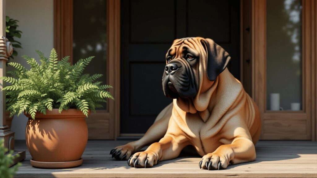 A massive English Mastiff with a fawn coat and black muzzle lies calmly on a wooden front porch beside a potted fern. The background features a dark front door flanked by wooden-framed windows, with soft sunlight casting gentle shadows.