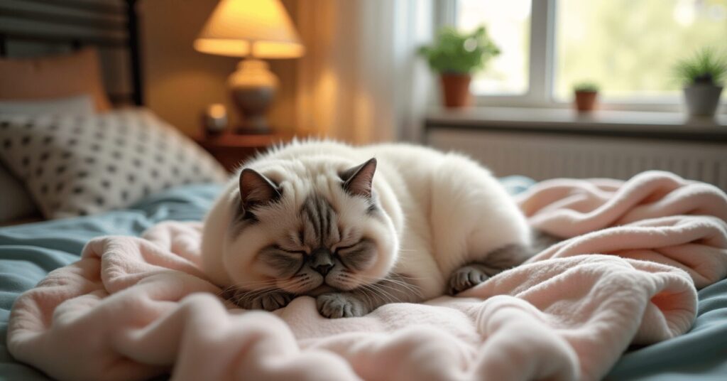 A calm Exotic Shorthair cat napping on a blanket in a peaceful, softly lit apartment bedroom—an easygoing cat breed for apartment living.
