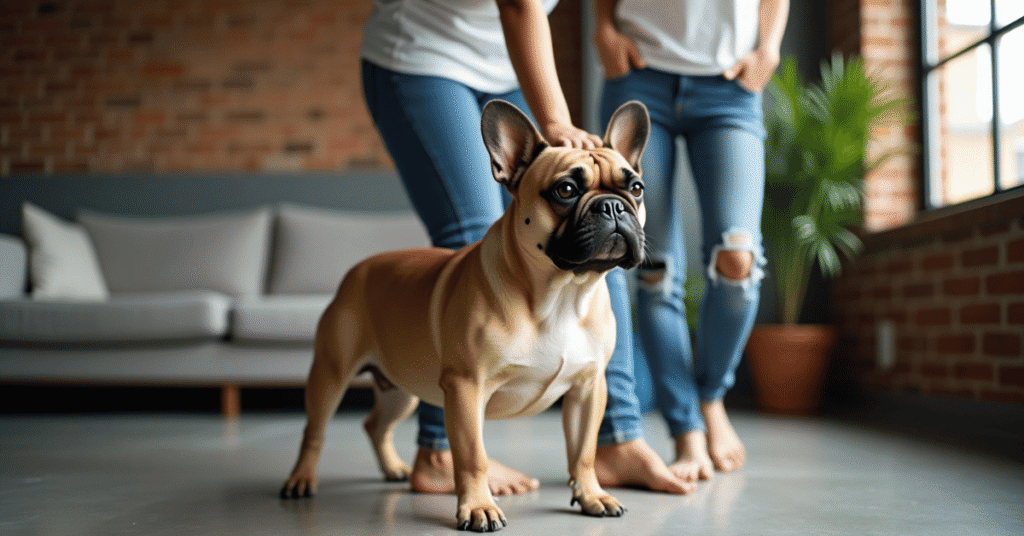 A fawn French Bulldog standing beside its casually dressed owner on a concrete floor in a stylish apartment, both appearing calm and connected.