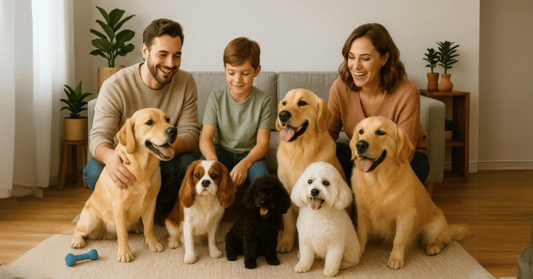 Happy family sitting on a living room floor with several friendly dog breeds, including Golden Retrievers, Cavalier King Charles Spaniel, Poodles, and a child smiling among the dogs, showcasing the affectionate nature of friendly dog breeds