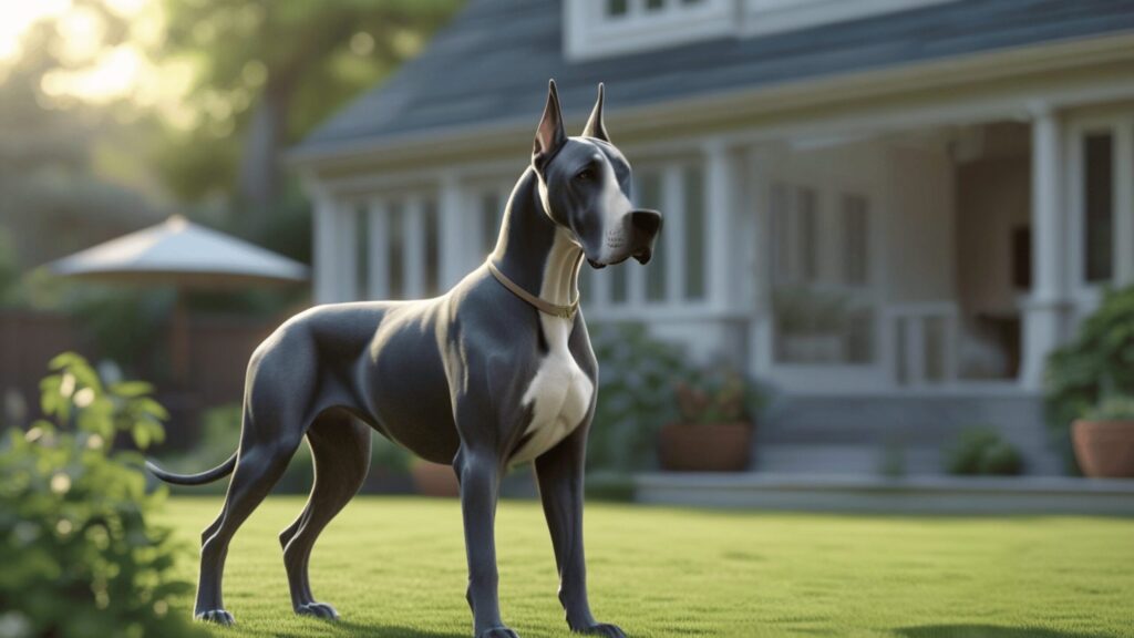 A majestic Great Dane with a sleek black and white coat stands alert on a sunlit lawn in front of a modern suburban house. The background features a white porch, potted plants, and a garden umbrella, creating a serene and upscale residential setting.
