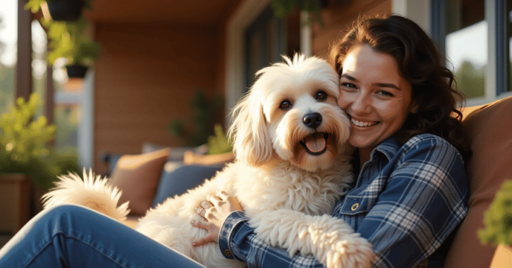 A fluffy cream and white Havanese sitting on a porch bench, affectionately cuddled by its owner.