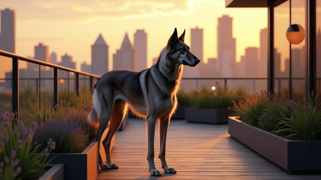 A tall, sleek Irish Wolfhound stands alert on a modern rooftop terrace at sunset, surrounded by planter boxes filled with greenery and lavender. The glowing city skyline in the background contrasts with the warm golden light illuminating the dog’s fur.