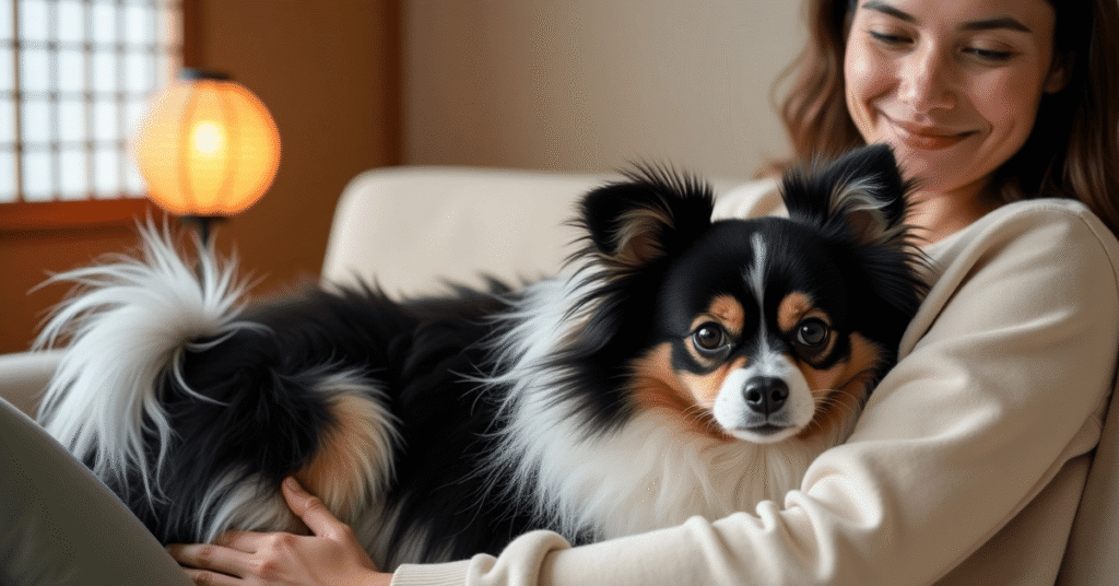 A black and white Japanese Chin sitting close to its owner on a velvet couch in a calm, Japanese-style room.