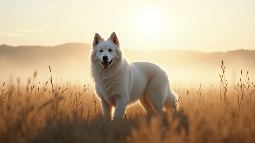A large, fluffy white
Kuvasz dog standing in a golden field at sunrise, with tall grass surrounding it and misty hills in the background.