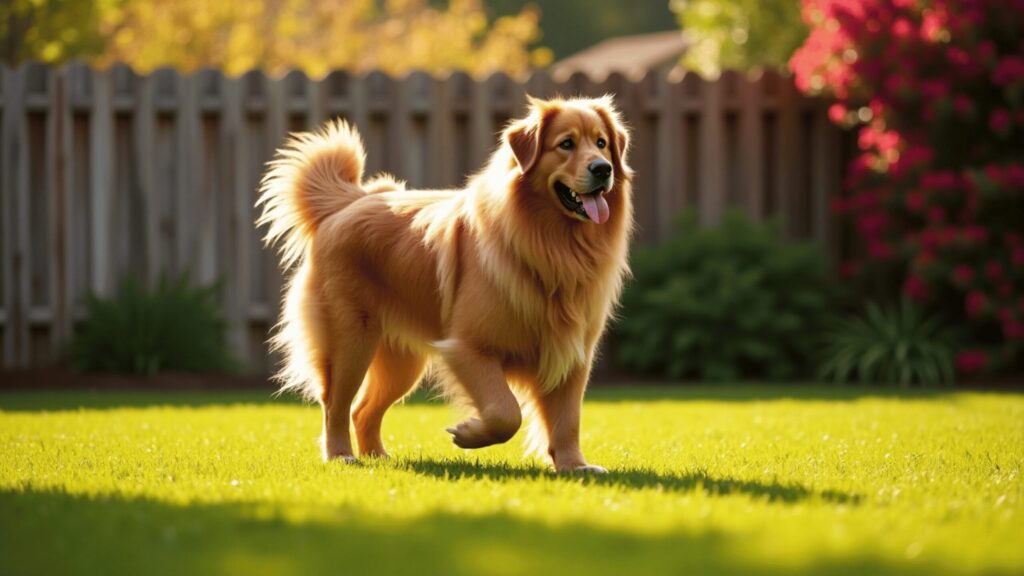 A fluffy golden Leonberger walks confidently across a sunlit backyard lawn, its tongue out and tail curled high. A wooden fence, green shrubs, and blooming red flowers create a vibrant and cozy garden setting.