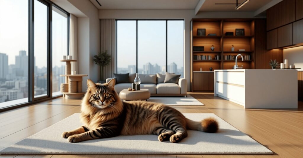 A large, long-haired tabby cat with a bushy tail resting in a modern, spacious apartment—an affectionate and peaceful cat breed for apartment living.