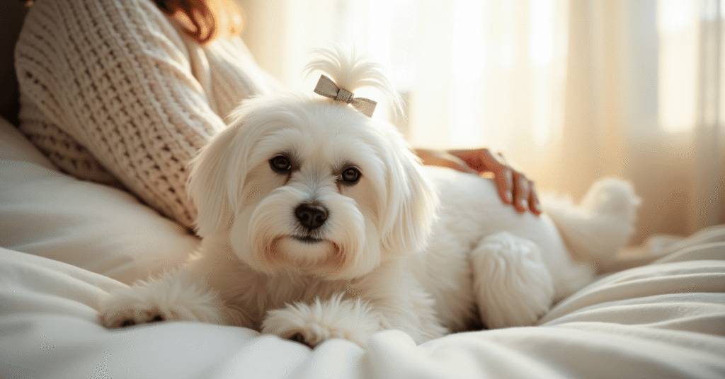 A silky white Maltese lying calmly on its owner’s lap in a softly lit, cozy bedroom.
