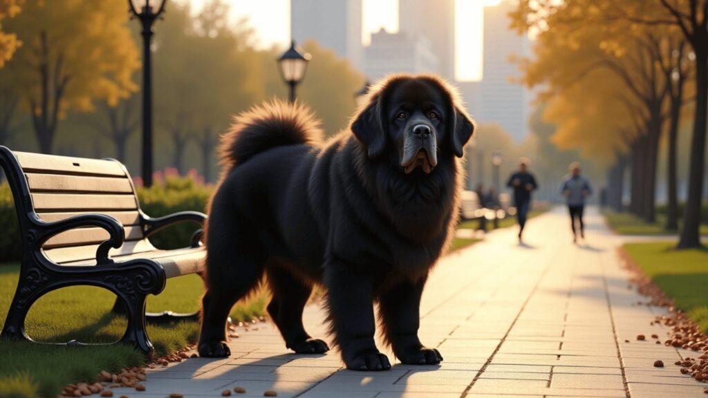A large Newfoundland dog with a thick, dark coat stands calmly on a tree-lined park path during autumn. The sun casts a golden glow over the scene, with fallen leaves scattered on the ground, a bench nearby, and joggers running in the background against a backdrop of city buildings.
