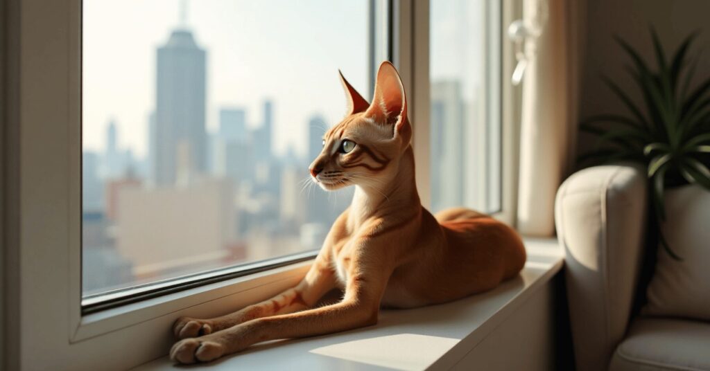 Oriental Shorthair cat with large ears and sleek chestnut coat relaxing on an apartment windowsill with a city view, symbolizing an ideal cat breed for apartment living.