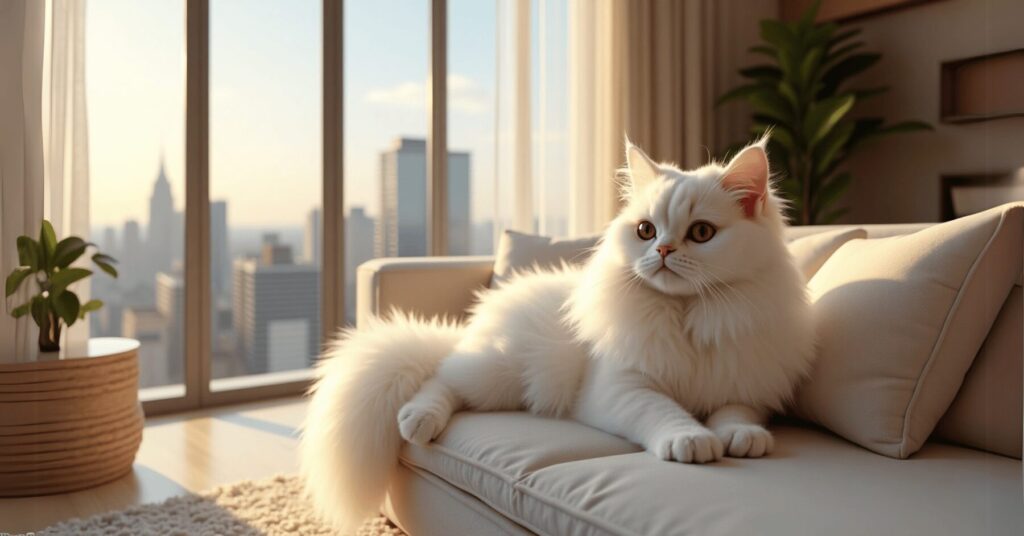 A luxurious Persian cat with a white coat resting calmly on a modern sofa in a sunlit high-rise apartment—an elegant and low-energy cat breed for apartment living.