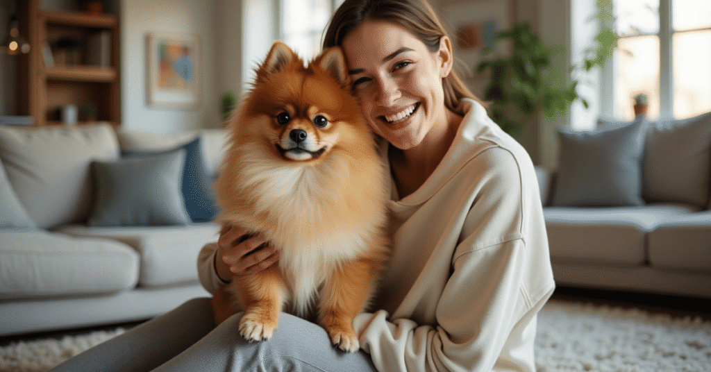 A fluffy Pomeranian sitting beside its smiling owner in a cozy, sunlit living room.