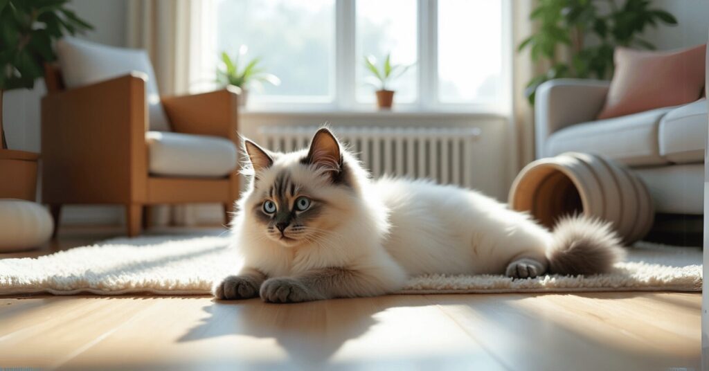 A gentle Ragdoll cat with blue eyes lying calmly on a rug in a sunlit apartment, surrounded by cozy furniture and plants—an affectionate cat breed for apartment living.