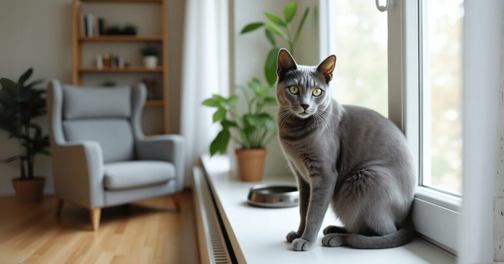A sleek Russian Blue cat with green eyes sitting quietly on a windowsill in a bright, modern apartment—an elegant and quiet cat breed for apartment living.