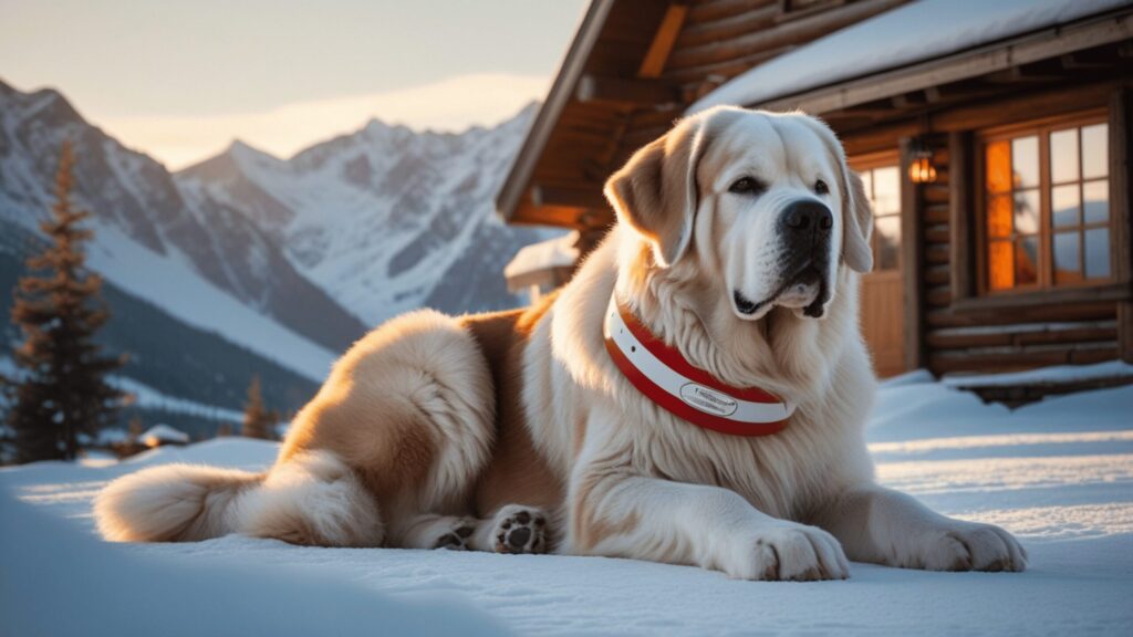 A large Saint Bernard with a thick, fluffy coat lies peacefully on snow outside a rustic wooden cabin in the mountains. The dog wears a red and white rescue collar, and the snowy alpine peaks in the background glow under the soft light of a winter sunset.