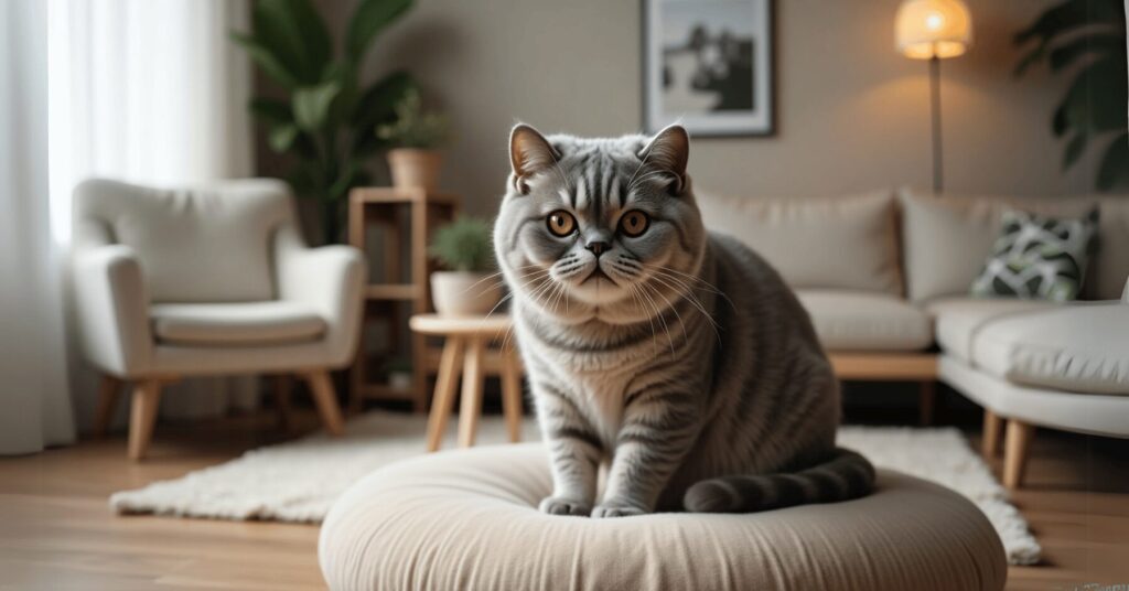 A relaxed Scottish Fold cat with folded ears sitting calmly on a cushion in a warm, modern apartment—an affectionate and quiet cat breed for apartment living.