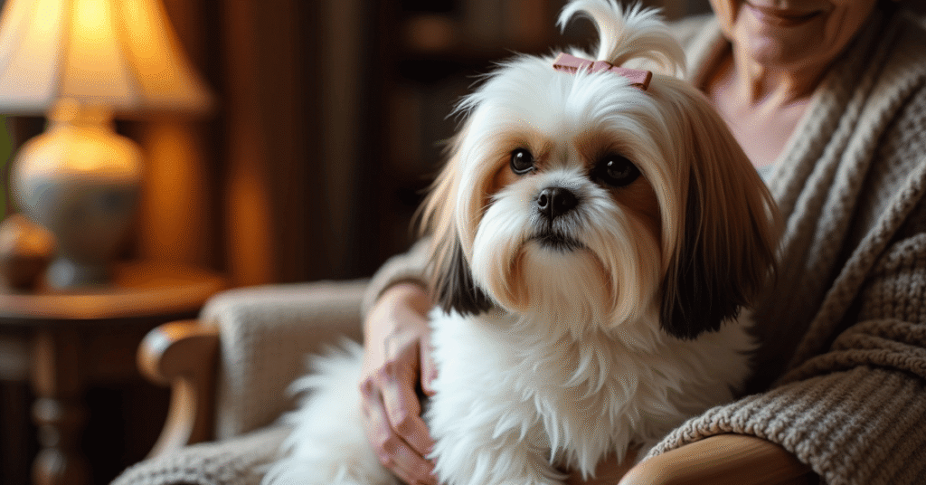A long-haired Shih Tzu sitting calmly on its elderly owner’s lap in a warm, cozy living room.