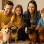 Smiling family with two children sitting indoors, surrounded by short dog breeds including a Corgi, Pug, French Bulldog, Boxer, and Dachshund, highlighting the charm and companionship of short dog breeds.