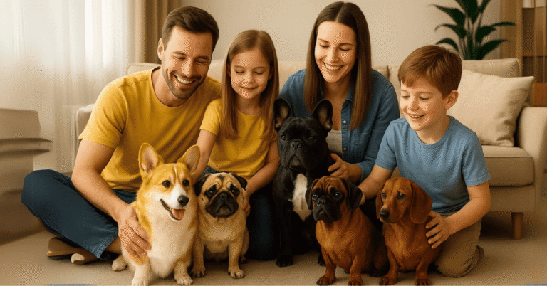 Smiling family with two children sitting indoors, surrounded by short dog breeds including a Corgi, Pug, French Bulldog, Boxer, and Dachshund, highlighting the charm and companionship of short dog breeds.