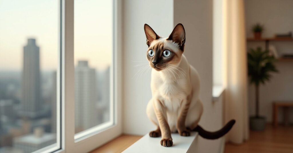 A Siamese cat with blue eyes perched on a windowsill in a sunlit apartment—an intelligent and vocal cat breed for apartment living