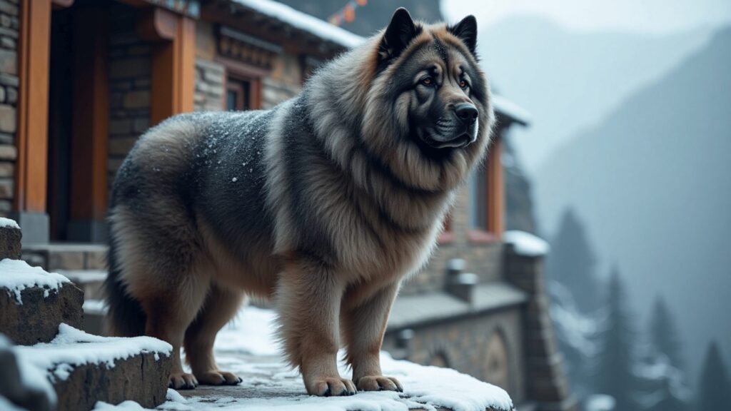 A majestic Tibetan Mastiff with a thick, fluffy coat stands confidently on a snow-covered stone path outside a rustic mountain home. Snowflakes rest on its fur, and misty mountains fade into the background, evoking a serene and powerful winter scene.