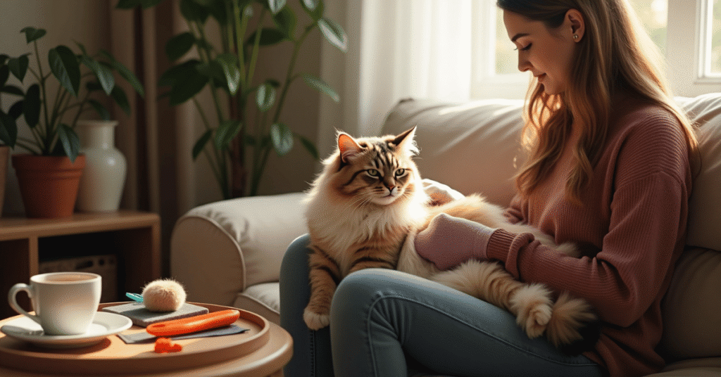 Grooming long-haired cats at home, showing a woman gently brushing a fluffy domestic cat with a grooming glove while sitting in a cozy, sunlit living room.
