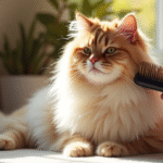 Grooming long-haired cats with a professional slicker brush on a grooming table, showing a fluffy Persian cat being brushed in a bright, clean room with grooming tools in view.