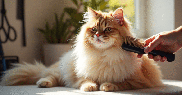 Grooming long-haired cats with a professional slicker brush on a grooming table, showing a fluffy Persian cat being brushed in a bright, clean room with grooming tools in view.