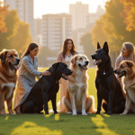 Vibrant image of big dog breeds and their owners outdoors, illustrating breed variety, affectionate behavior, and urban lifestyle.