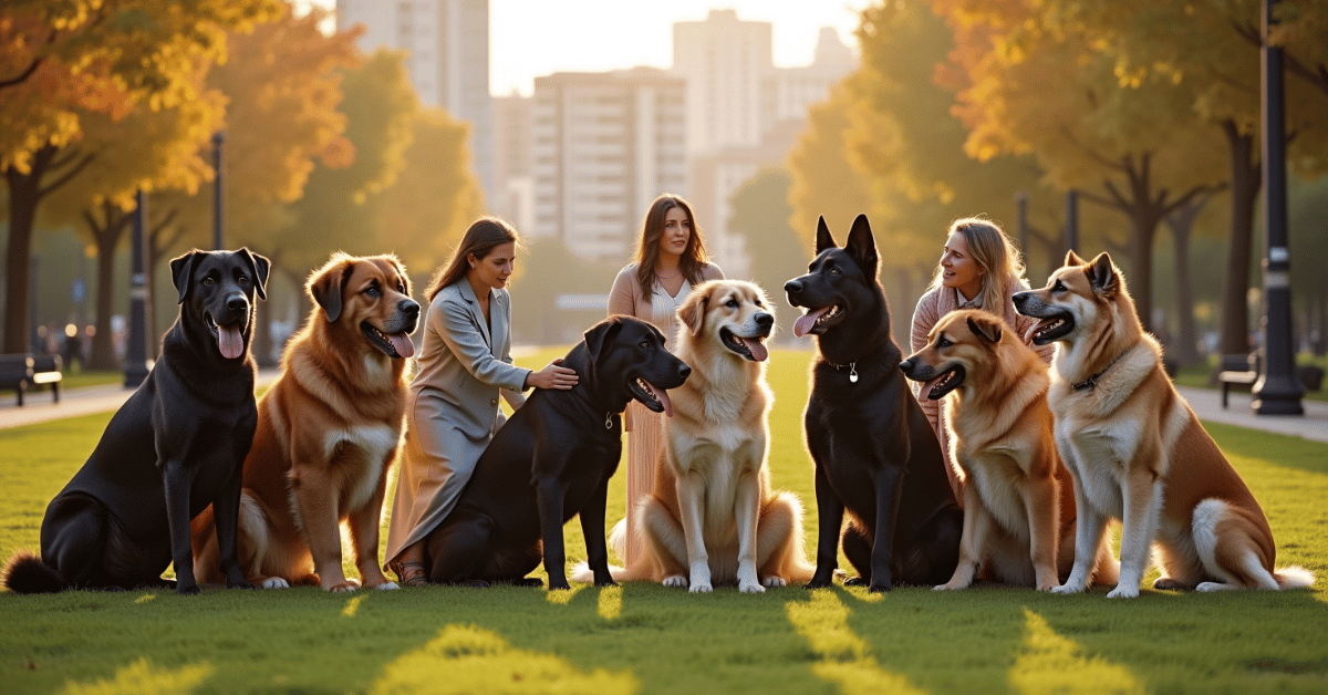 Vibrant image of big dog breeds and their owners outdoors, illustrating breed variety, affectionate behavior, and urban lifestyle.