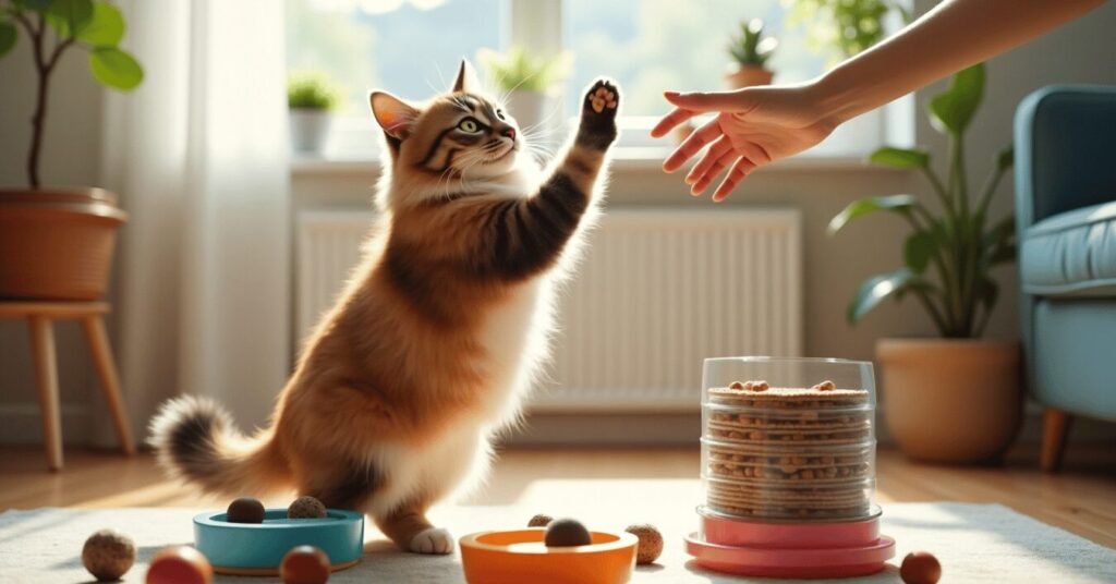 A calico cat giving a high-five to its owner while surrounded by enrichment toys during a training session.