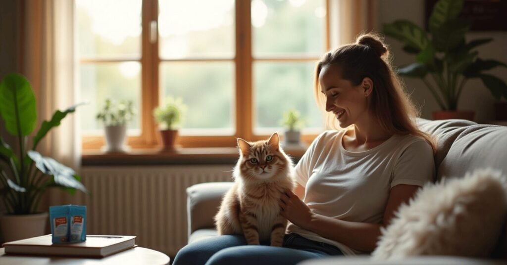 A cat sitting calmly on its owner’s lap, showing the bond built through positive training at home.